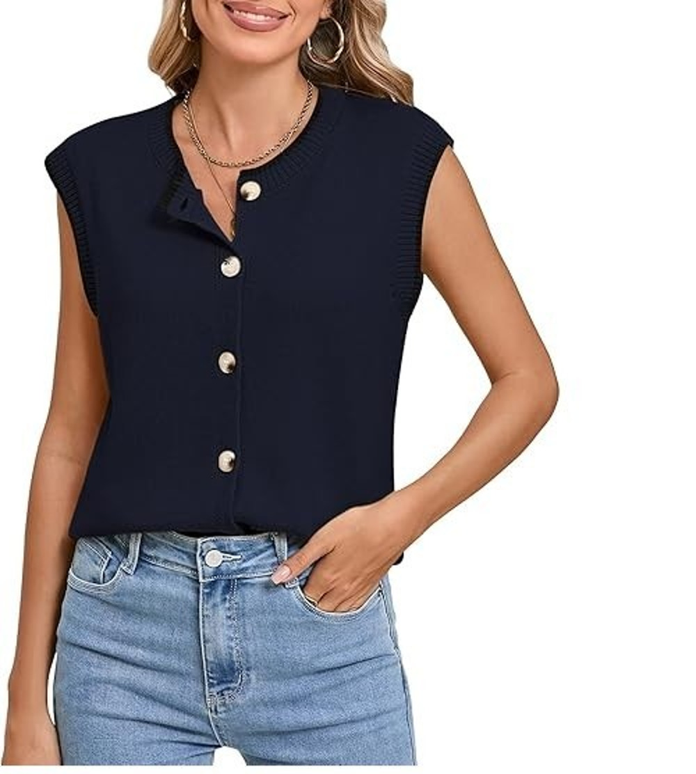 Pink Queen Women's Sweater Vest Sleeveless Tank Tops Casual Crewneck Button - SM